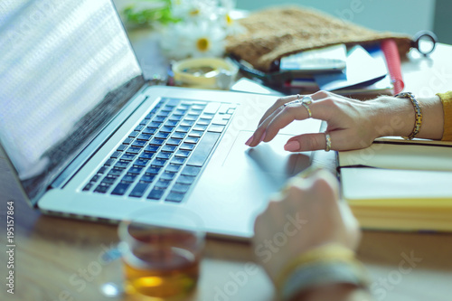 Young woman on a coffee break or enjoying the coffee-break, Using laptop computer