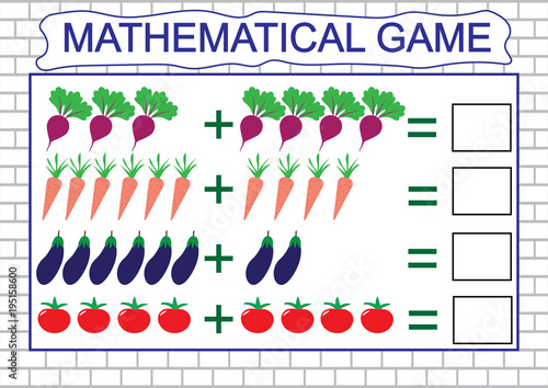Learning addition by example of vegetables for children, counting activity. Math educational game for children. Vector illustration