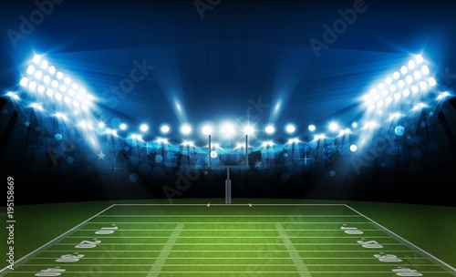 American football arena field with bright stadium lights design. Vector illumination