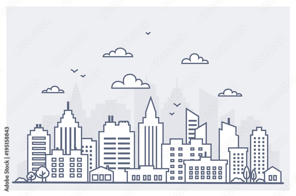 Thin line City landscape. Downtown landscape with high skyscrapers. Panorama architecture City landscape template. Goverment buildings Isolated outline illustration. Urban life
