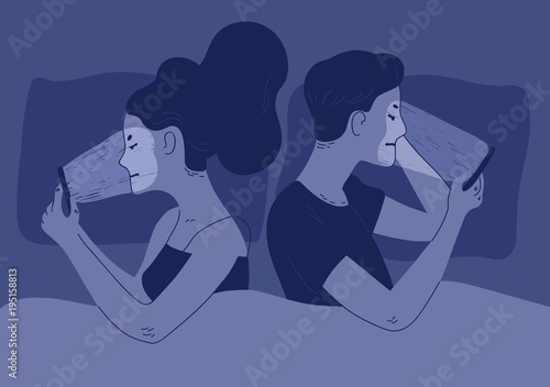Pair of man and woman lying turned away one another in bed and surfing internet on their smartphones. Concept of sexual or intimate problem between romantic partners. Colorful vector illustration.