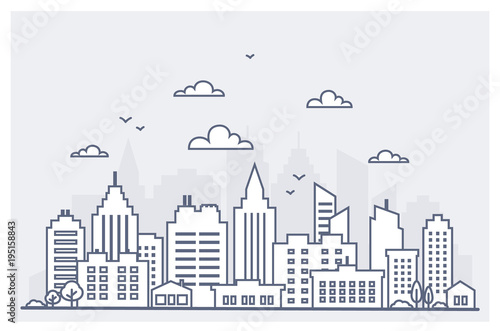Thin line City landscape. Downtown landscape with high skyscrapers. Panorama architecture City landscape template. Goverment buildings Isolated outline illustration. Urban life