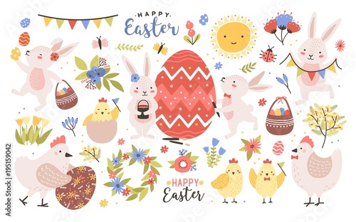 Sammlung niedlicher Osterzeichentrickfiguren und dekorativer Frühlingselemente - Hasen, Eier, Hühner, blühende Blumen einzeln auf weißem Hintergrund. Bunte Ferienwohnung-Vektor-Illustration.