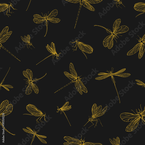 Seamless pattern with dragonflies hand drawn with yellow contour line on blac...