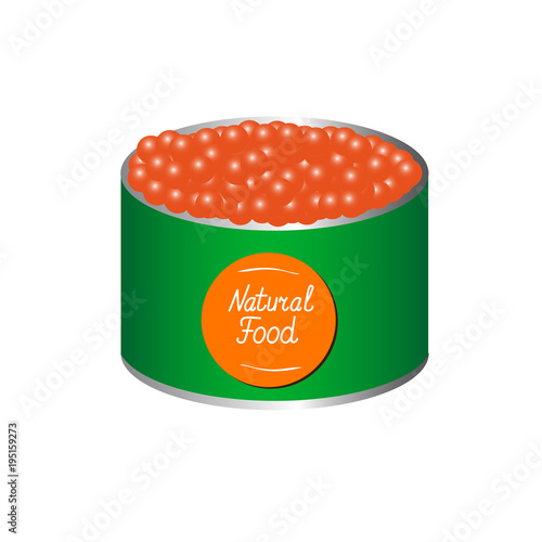 Bank of red caviar with the inscription natural product.