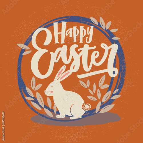Photography Happy Easter inscription or holiday wish written with cursive font and bunny ins