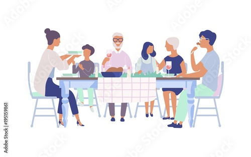 People sitting at table decorated with candles, eating food, drinking wine and talking to each other. Family holiday dinner. Flat cartoon characters isolated on white background. Vector illustration.