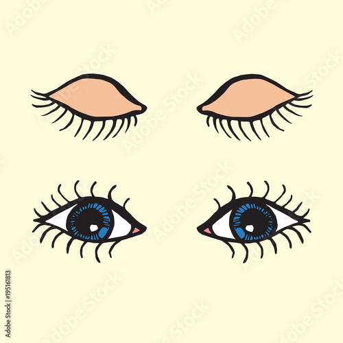 Blue open and closed eyes with long lashes, isolated hand drawn vector doodle cartoon illustration