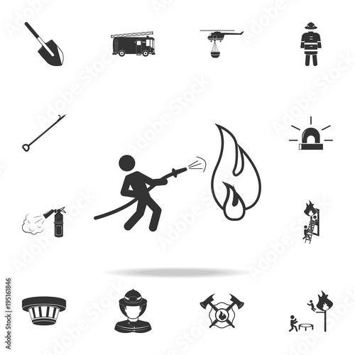 Fireman holding hose extinguishing fire with water icon. Detailed set icons of firefighter element icons. Premium quality graphic design. One of the collection icons for websites
