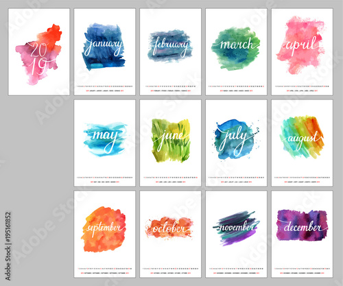2019 vector calendar with lettering and watercolor textures