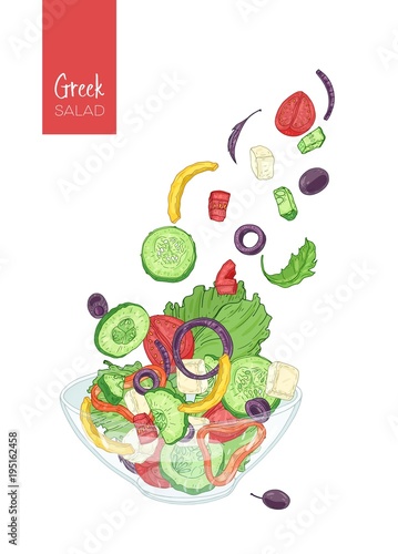 Colorful drawing of greek salad and its ingredients. Tomato, cucumber, olive, feta cheese, onion, bell pepper pieces and slices, lettuce leaves thrown out of glass bowl. Realistic vector illustration.