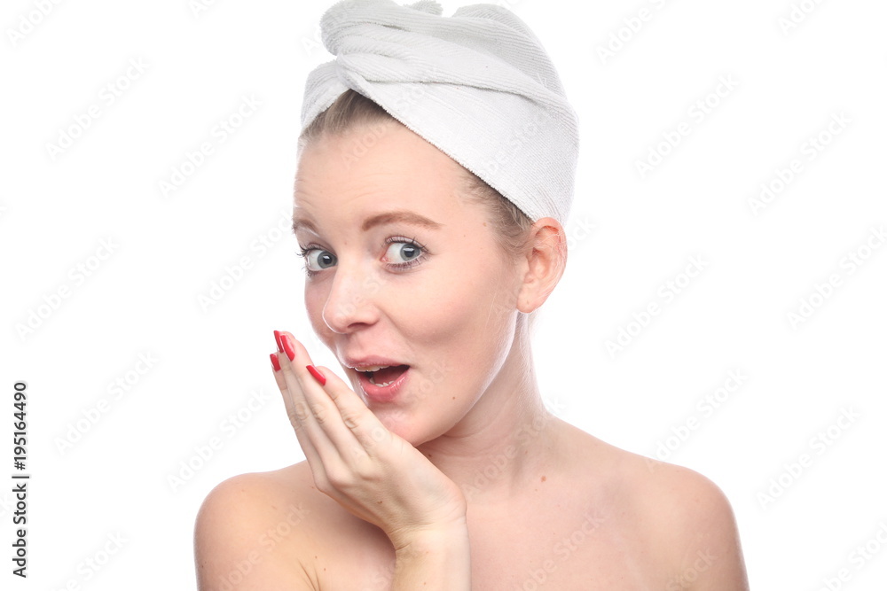 Beautiful young woman in towel after shower on white background Beautiful young woman in towel after shower on white background