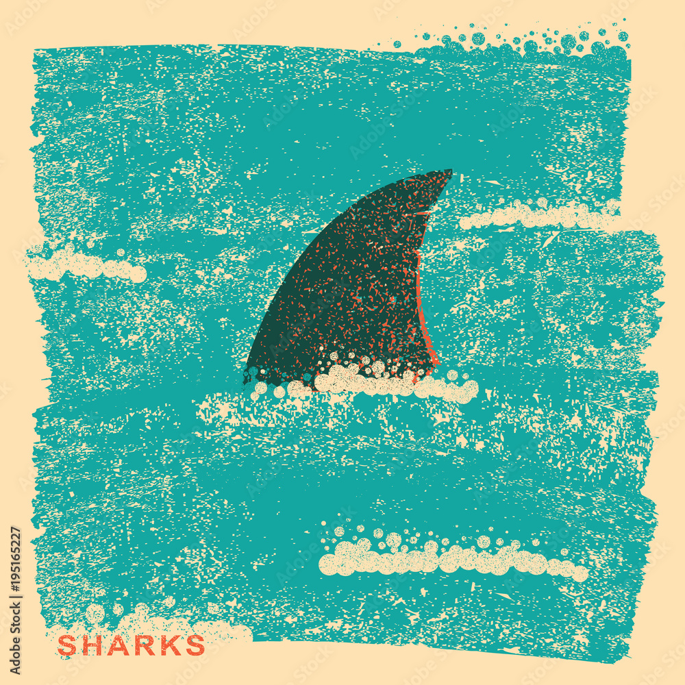 Fototapeta premium Płetwa rekina w oceanie. Vintage plakat na stary tekstura papieru