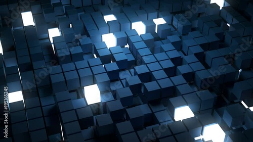 3d rendered abstract background with a lot of squares. Multi layered structure with randomly disappearing elements. Loopable rotation and animation.
