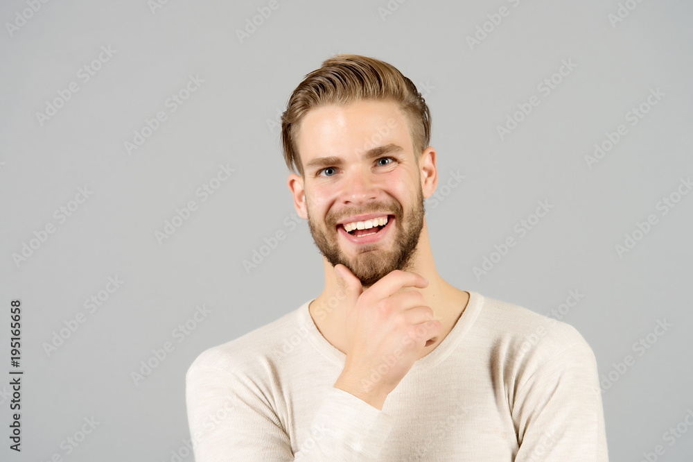 Happy man touch beard on unshaven face, barber Happy man touch beard on unshaven face, barber