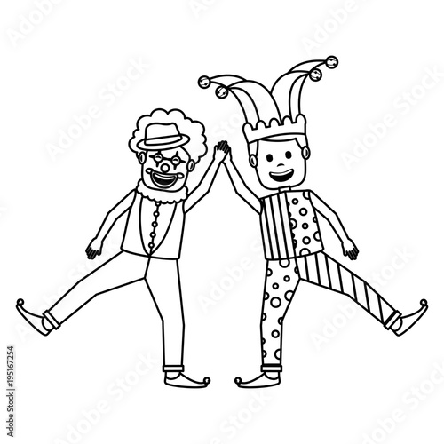 funny happy clown and man with jester clothes hat characters