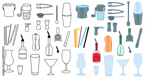 Set of Barman accessories vector colored illustration sketch icon