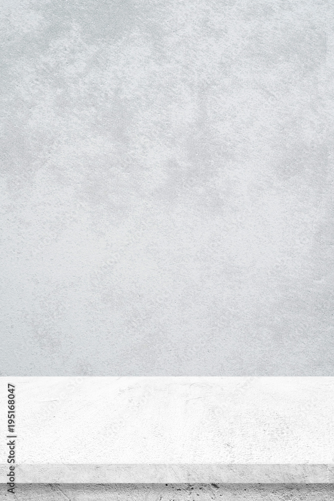 Empty white cement table over gray cement wall background, banner, table top, shelf, counter design for product display montage Empty white cement table over gray cement wall background, banner, table top, shelf, counter design for product display montage