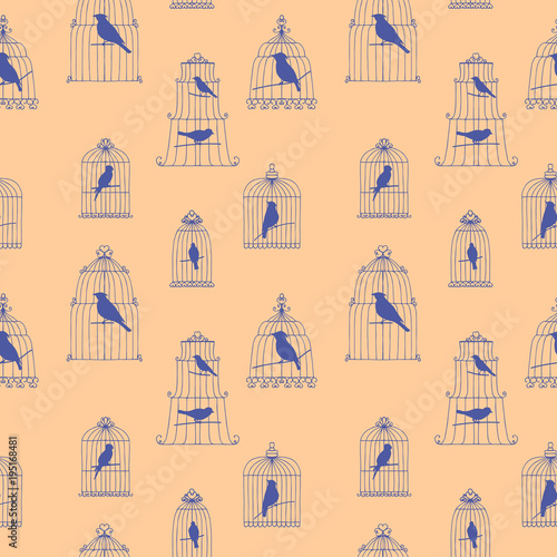 vector seamless pattern with birds in cages