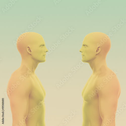 Two men face each other without clothing to the waist. abstract minimalist art. communication concept. 3d rendering illustration
