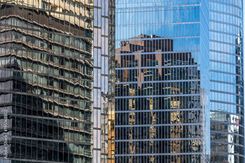 Reflections on glass buildings.