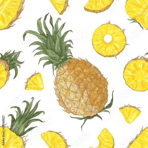 Seamless pattern with whole and cut pineapples on white background. Backdrop ...