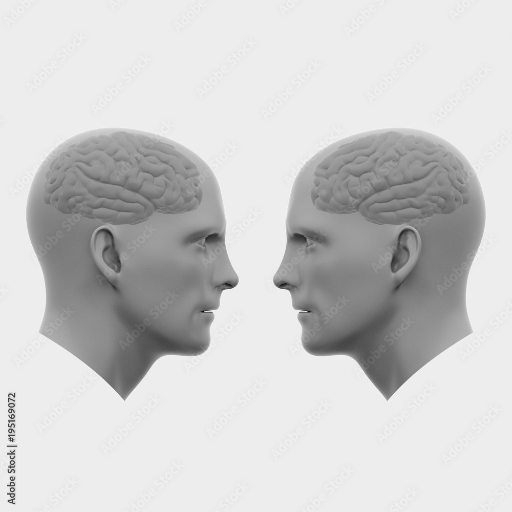 two male heads with brains facing each other. Minimalistic abstract art. Communication concepts. 3d rendering illustration two male heads with brains facing each other. Minimalistic abstract art. Communication concepts. 3d rendering illustration