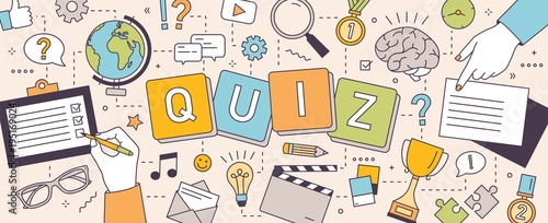 Horizontal banner with hands of people solving puzzles or brain teasers and answering quiz questions. Team intellectual game to test intelligence or intellect. Vector illustration in line art style.