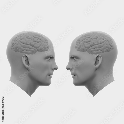 two male heads with brains facing each other. Minimalistic abstract art. Communication concepts. 3d rendering illustration
