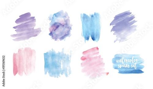 Set of smudges or smears hand painted with watercolor isolated on white background. Collection of expressive paint traces of pastel colors, aquarelle backdrops. Colorful vector illustration.