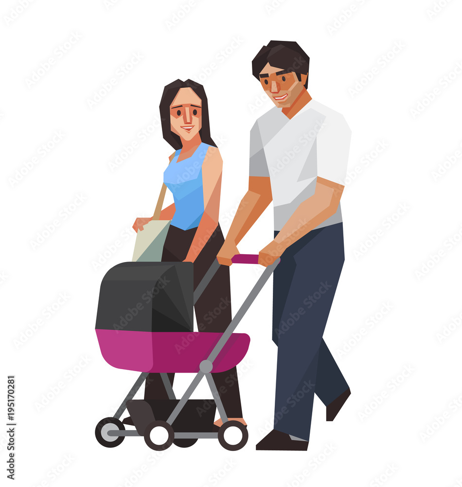 family,Couple with baby cart, Vector illustration. family,Couple with baby cart, Vector illustration.