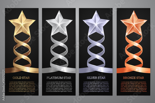 Set of black banners, Gold, platinum,silver and bronze star, Vector illustration.l