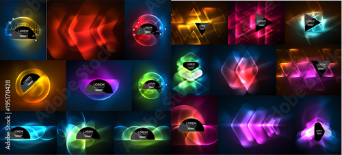 Mega collection of neon abstract shape backgrounds, magic fantastic glowing templates for web or techno digital presetation idea