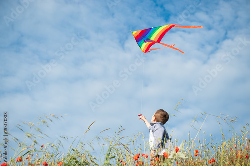 little caucasian boy holds string of kite flying in blue sky with clouds in summer with copyspace photo