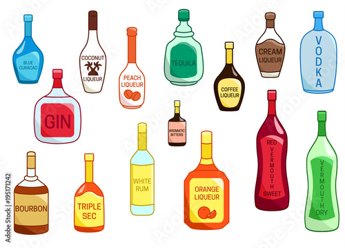 Set of different kinds of alcohol drinks vector colored illustration