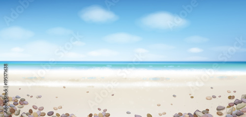 Vector  ocean with blue  sky and sandy beach and stones.