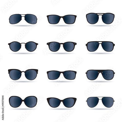 Set of black Sunglasses isolated. Vector Icons.