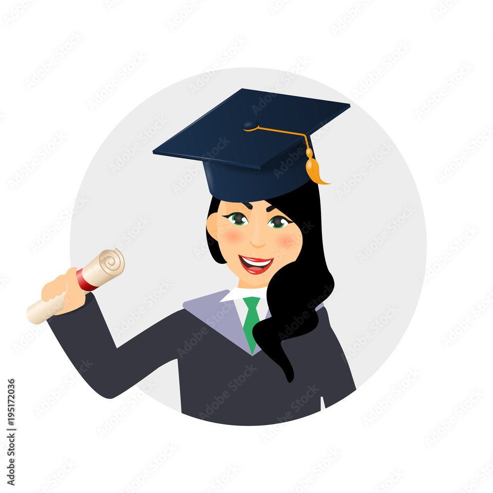 Circle avatar of diploma graduating happy student girl. A young graduate  woman holding certificate or diploma scroll. Female cartoon character  illustration Stock Vector | Adobe Stock