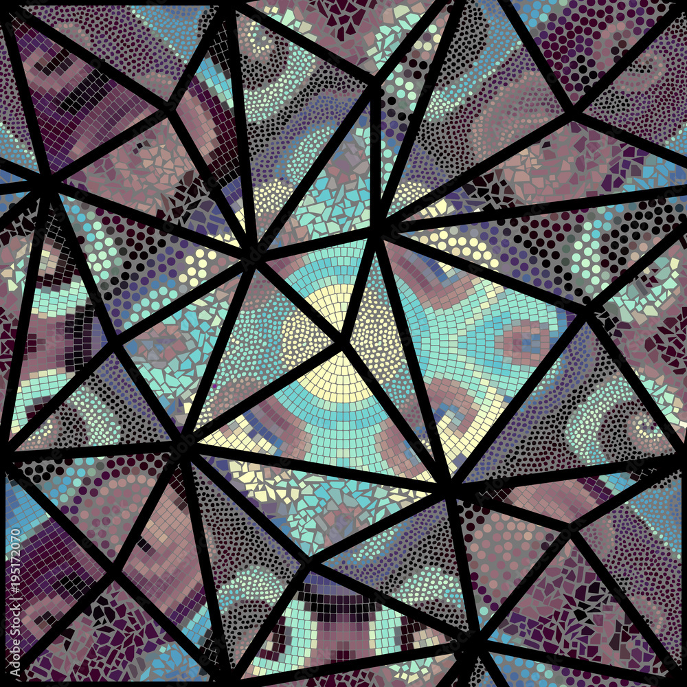 Seamless background pattern. Mosaic art pattern of triangles of different tile textures. Vector image.