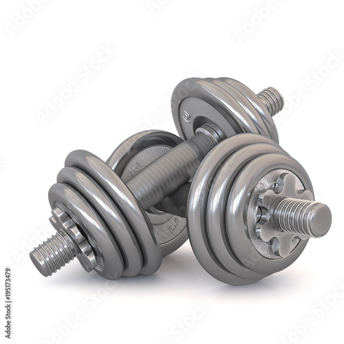 Two dumbbells isolated on white background with shadow - photo realistic 3d Illustration