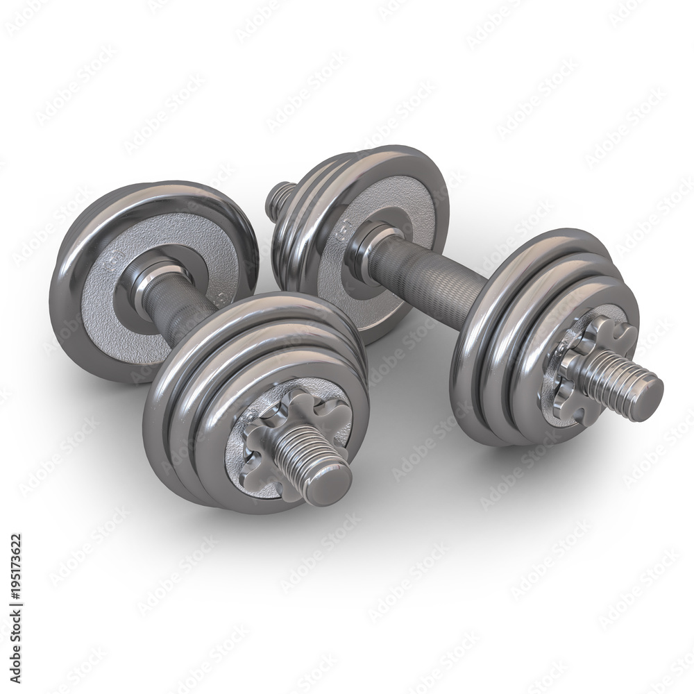Fototapeta premium Two dumbbells isolated on white background with shadow - photo realistic 3d Illustration