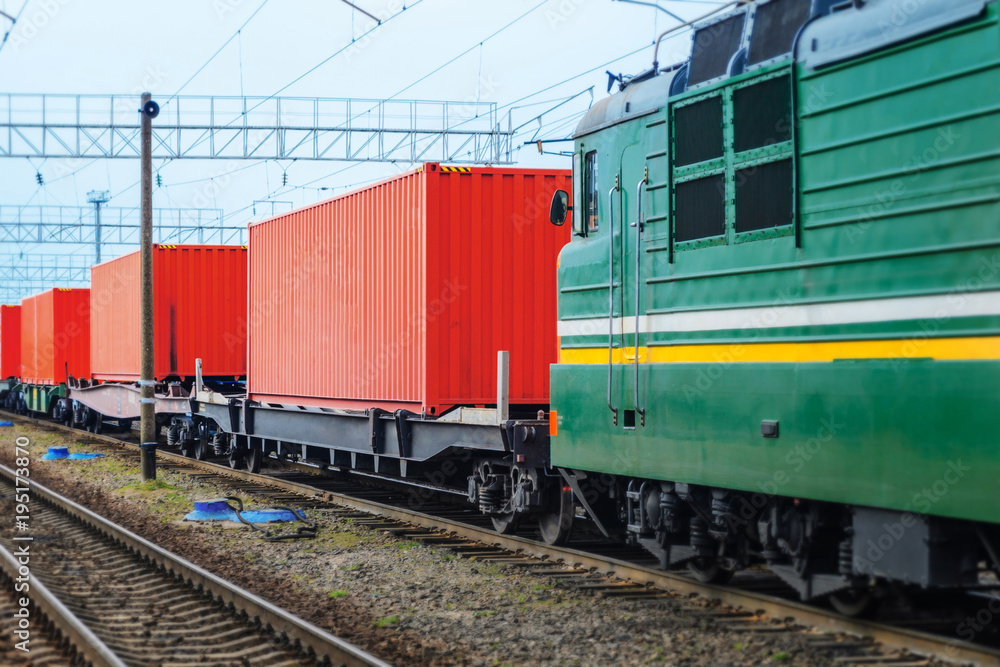 Transportation of cargoes by rail in containers. Railway infrastructure background