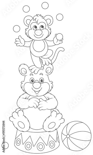 Circus bear and monkey juggling with color balls, a black and white vector illustration in a cartoon style for a coloring book