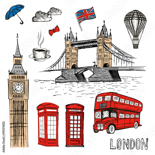 London Doodles. Vector hand drawn illustration with London symbols