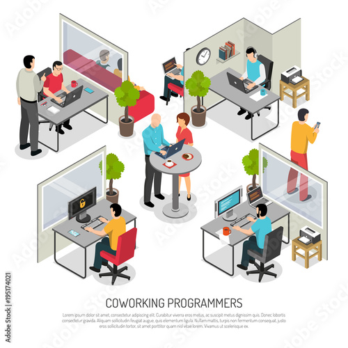 Programmers Coworking Space Isometric Composition 