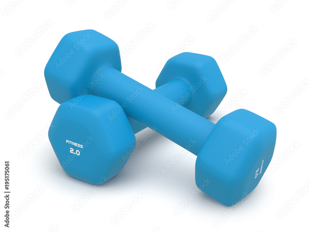 Two matte dumbbells of blue color isolated on white with light shadow background 3d illustration Two matte dumbbells of blue color isolated on white with light shadow background 3d illustration