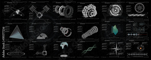 Set of black and white infographic elements. Head-up display elements for the web and app. Futuristic user interface. Virtual graphic.
