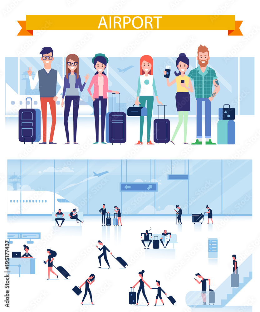 Friends travel together. Vector People with luggage ready for vacation travel at the airport. Arrivals and Departures at Airport, Waiting Room. People sitting and walking at airport terminal. Friends travel together. Vector People with luggage ready for vacation travel at the airport. Arrivals and Departures at Airport, Waiting Room. People sitting and walking at airport terminal.