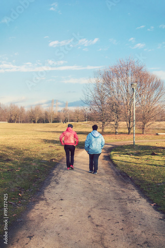 Healthy lifestyle of two middle aged women, the friends walking to maintain their health