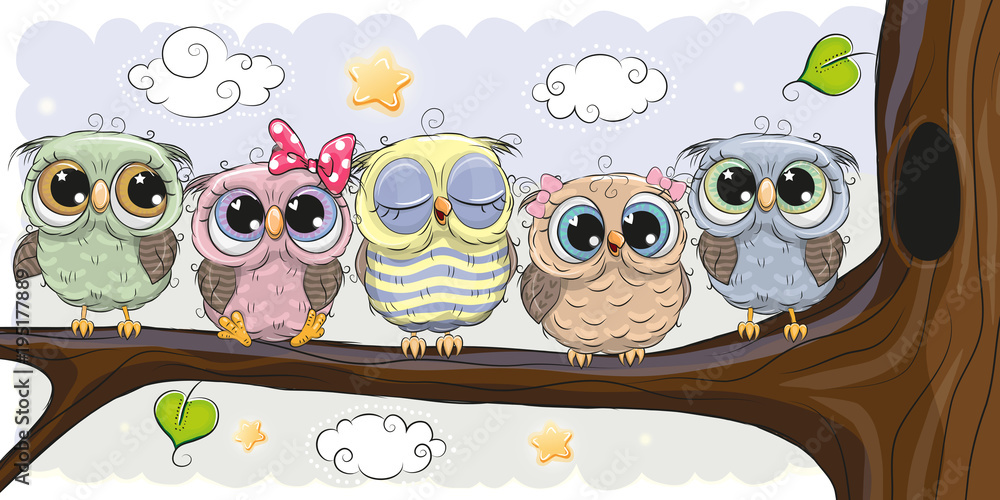 Fototapeta premium Cute Owls is sitting on a brunch